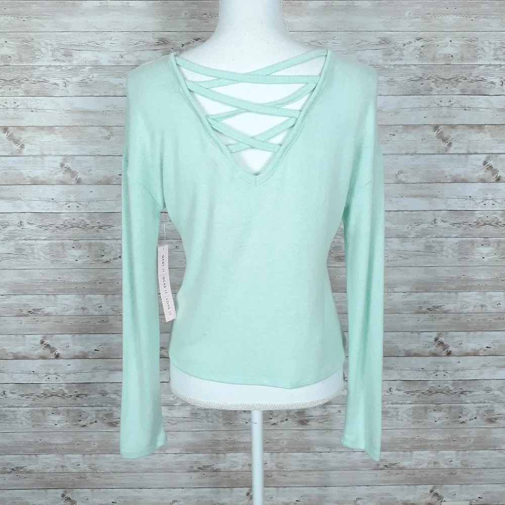 Crave Fame Tie Front Top M Lattice Back Mint Green 905 - Picture 4 of 7